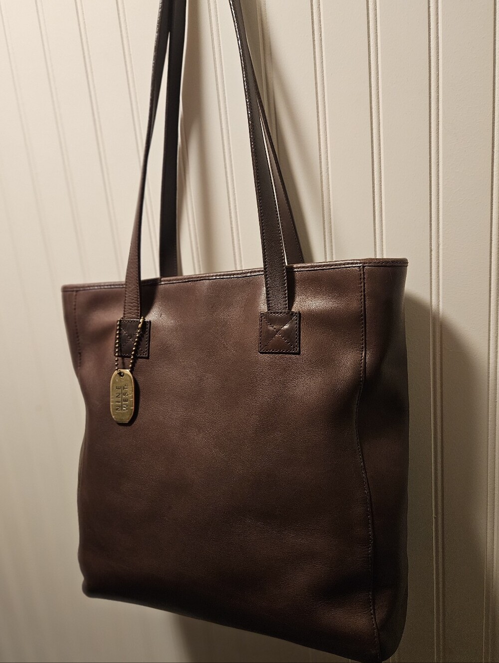 Vintage Nine West Brown Leather Tote with Brass Logo Tag